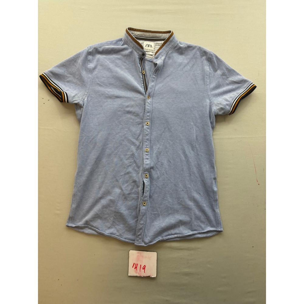 Zara Man Slim Fit Short Sleeve Button Up Shirt Blue Mandarin Collar Mens Medium